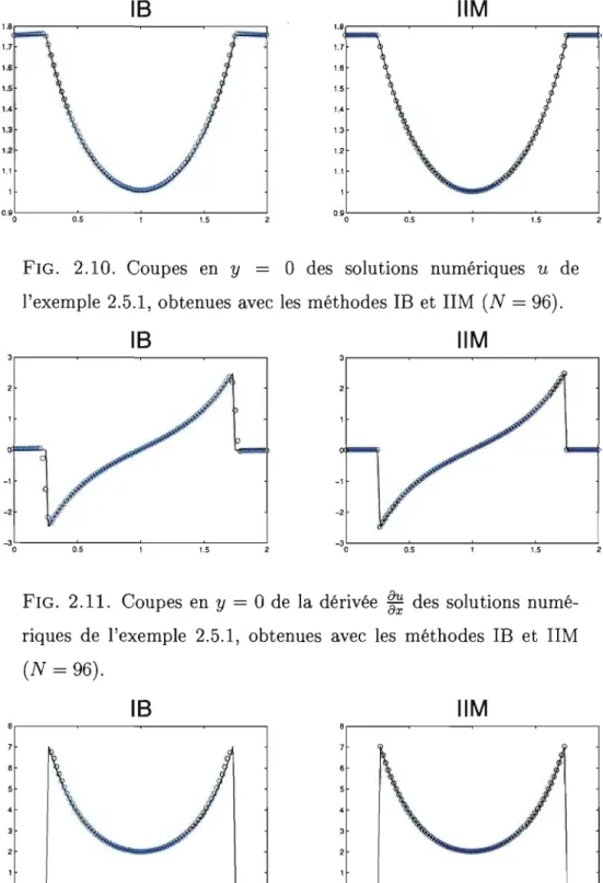 FIG.  2.10.  Coupes  en  y  =  0  des  solutions  numériques  u  de  l'exemple  2.5.1,  obtenues  avec  les  méthodes  lB  et  HM  (N  =  96)