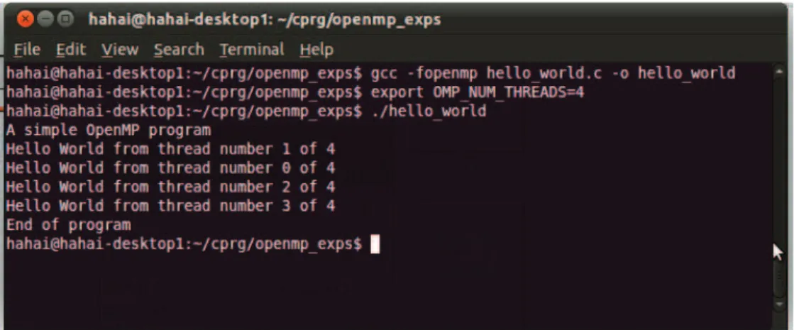 Figure 2.5 shows the phases to compile and run the above program. One can see that the displayed messages are not following thread numbers.