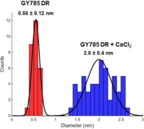 Figure 3. Measured diameter distribution of GY785 DR fibres before (in red) and after (in blue)  calcium addition