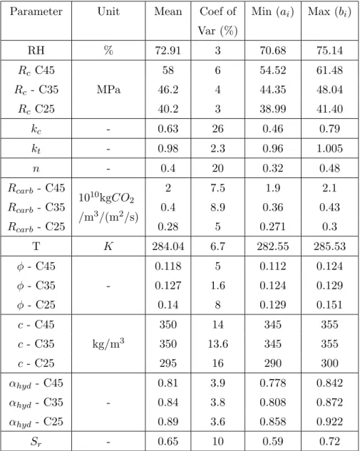 Table 13. Values of input parameters for carbonation models