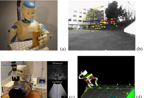 Figure 2.1: Illustrations of visual servoing applications. (a) The Romeo robot positioning its hand to grasp a box [Petit 13]