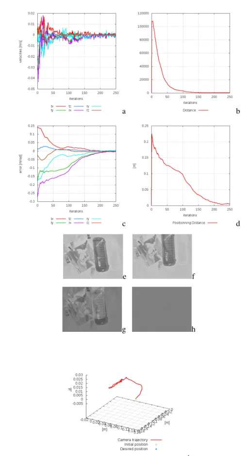 Figure 3.26: Synthesized gray level from Hue-Saturation histogram-based servoing. Camera velocities in m/s and rad/s in (a)