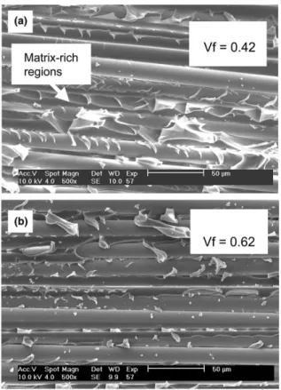 Fig. 12. Scanning electron micrographs of fracture surfaces, propa- propa-gation region: (a) V f = 42%; (b) V f = 62%.