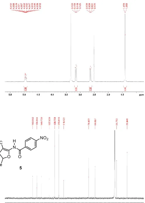 Figure 13.  1 H NMR spectrum (400 MHz, DMSO-d 6 ) and  13 C NMR spectrum (100 MHz,  DMSO-d 6 ) of N-(3-cyano-5-methyl-4,5-dihydrofuran-2-yl)-4-nitrobenzamide (5)