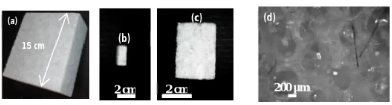 Fig. 8. Needed samples for the caracterization techniques in: (a) free space (b) X-band  waveguide, (c) coaxial dielectric probe and (d) optical microscope image of the carbon fibers 