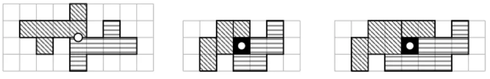 Figure 8: Examples of some galaxies and the coloring as provided by the algorithm in the proof of Lemma 2 (herein, the red fields are hatched diagonally and the blue fields horizontally).