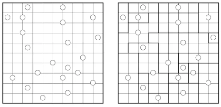 Figure 1: Two screenshots of a single Spiral Galaxies scenario. Left: the field of squares U with the circular galaxy centers