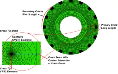 Fig. 6. Meshed assembly of simulation set containing 1 primary crack of 2 mm length and 15 secondary cracks of 0.5 mm length.