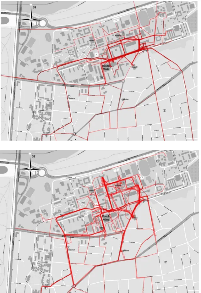 figure 3 : les pratiques de marche sur le campus de la Doua selon les personnels (à gauche) et  selon les étudiants (à droite) (C ROCY  et alii, 2010, p