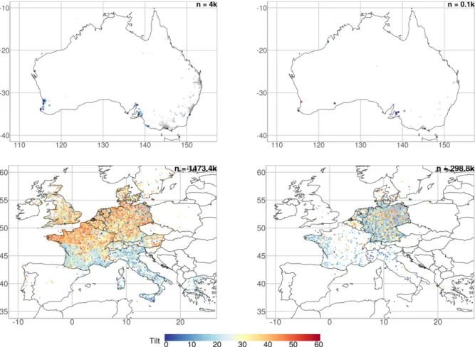 Figure 3: Maps for Australia (top) and Europe (bottom). The left column shows systems ≤ 25 kWp and the right column systems &gt; 25 kWp
