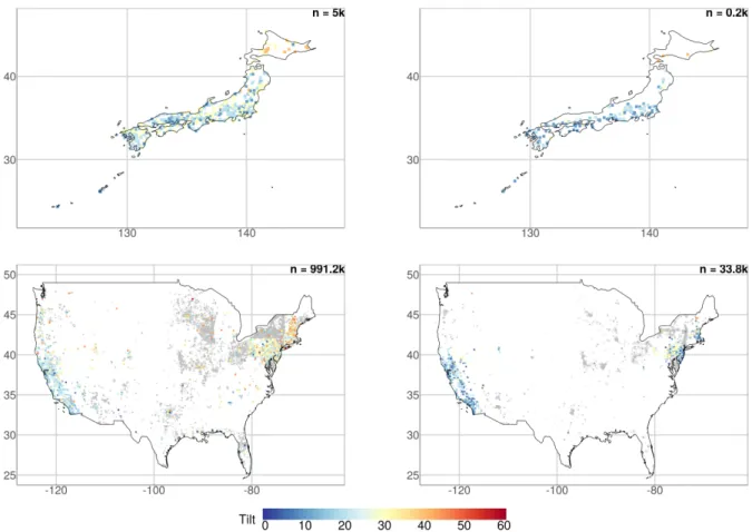Figure 4: Maps for Japan (top) and the USA (bottom). The left column shows systems ≤ 25 kWp and the right column systems &gt; 25 kWp