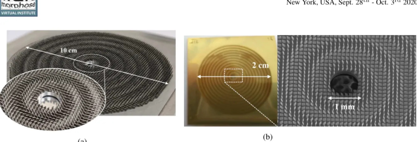 Fig. 2: (a) Ka-band modulated MTS antenna fabricated by metal additive manufacturing. (b) Modulated MTS antenna operating at 300 GHz and fabricated by DRIE.
