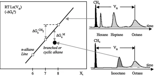 Fig. 1. Variation of the free energies of adsorption of the probes with their topological indexes, X t [39]: relation with some experimental chromatograms and principle of the determination of main IGC-ID parameters, !G CH a 2 and !G Ma .