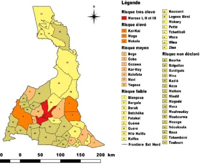 Figure 2. Carte de la répartition du risque inondation dans la région de l’Extrême-Nord Cameroun