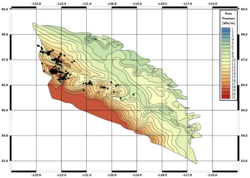 Figure 6: Heterogeneous (compartmentalized) pore-pressure gradient in the Montney trend, courtesy Canadian Discovery, Ltd.