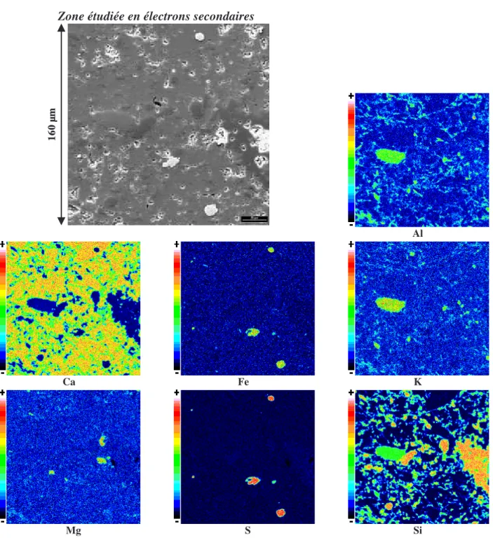 Figure II.3 : Observation au MEB d’une surface polie du granulat S  Cartographie EDS des différents éléments 