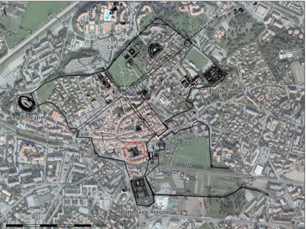 Figure 1. Map of Fréjus city and location of Camelin block (by SAPVF : Archeology and Heritage departement of Fréjus city