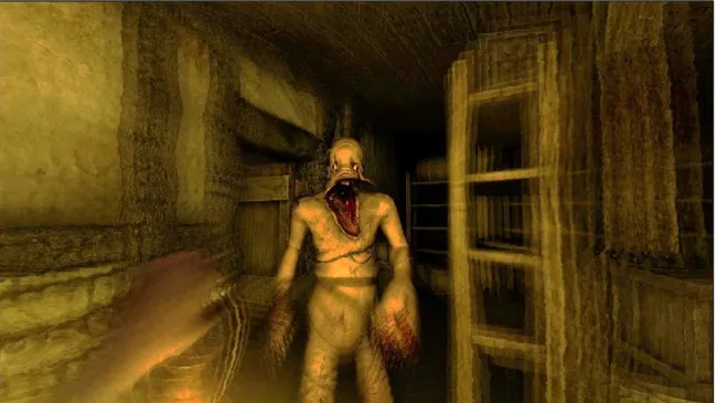 Figure 3.  La vision floue et mouvante du protagoniste dans Amnesia: The Dark Descent, simulant sa  perte  de  conscience  lorsqu’il  est  pris  de  panique  suite  à  l’apparition  d’un  monstre  à  l’écran