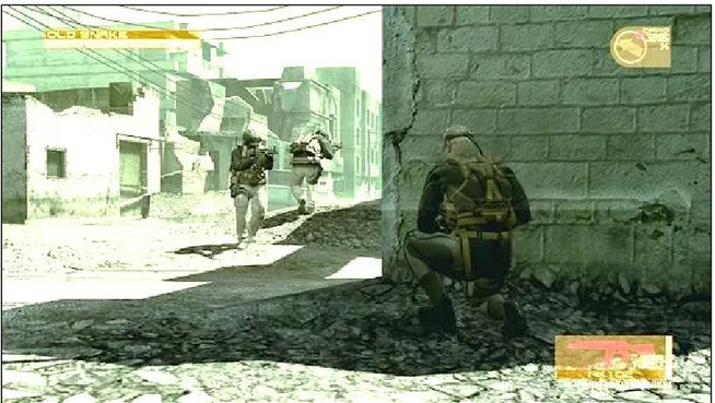 Figure 8.  Le  point  de  vue  en  chasse  rotatif  dans  Metal  Gear  Solid 4:  Guns  of  the  Patriots  (Kojima  Productions, 2008) permet au joueur d’orienter la caméra afin de voir les ennemis, et ce, même si la vue de  l’avatar  est  obstruée