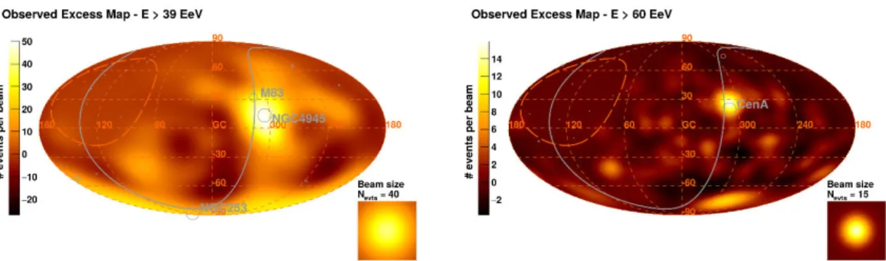 Figure 1.20 – Observed excess maps, for the best-fit parameters obtained with SBGs above 39 EeV (left) and AGNs above 60 EeV (right)