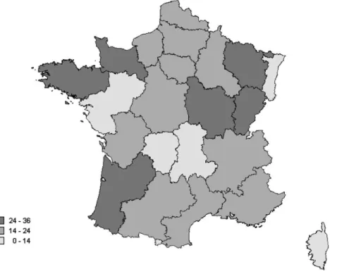 Figure 2.4: Rate of closure of maternity facilities in France by administrative regions 1998-2003 (from [Pilkington 2008])