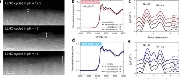 Figure 5. Surface deconstruction of La 2 Li 0.5 Ni 0.5 O 4  catalyst. (a) HAADF-STEM images of  cycled  LLNO  catalysts  in  KOH  solutions  at  different  pH