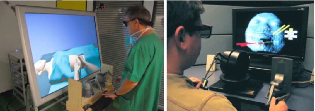 Figure 2.2 – Bimanual haptic applications with Phantom devices: medical training simu- simu-lator [Ullrich and Kuhlen, 2012] and 3D mesh manipulation software [Faeth et al., 2008].