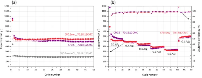 Fig. 8. (a) Cycling test of  CP0.5 (0.17 at.% Fe) ‡ , CP0.5nw  (4.5 at.% Fe) ‡  and CP0.5nw-HCl  (1.0 at.% Fe) ‡ , (b) rate capability test and Coulombic efficiency of  CP0.5 (0.17 at.% Fe) ‡  and  CP0.5nw  (4.5  at.%  Fe) ‡ 