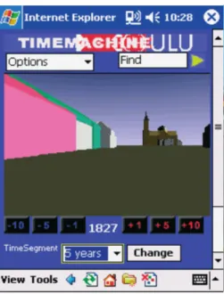 Figure 1: Navigation par incrément de Ti- Ti-meMachineOulu [13] : la partie centrale de l’interface représente la ville de Oulu à la date choisie, en dessous les boutons et le menu déroulant permettent de choisir l’année par incrément.