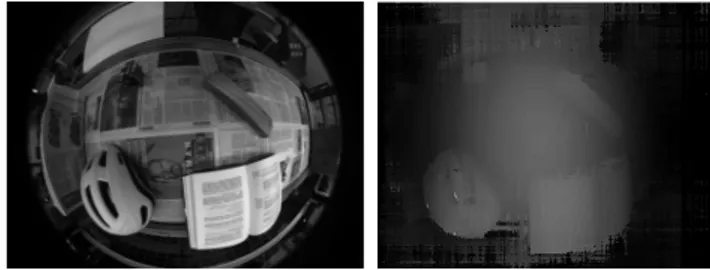 Fig. 5. An example of running the implemented stereo correspondence algorithm. One of the original images (left) and its disparity map (right) for 2 cm stereo base.