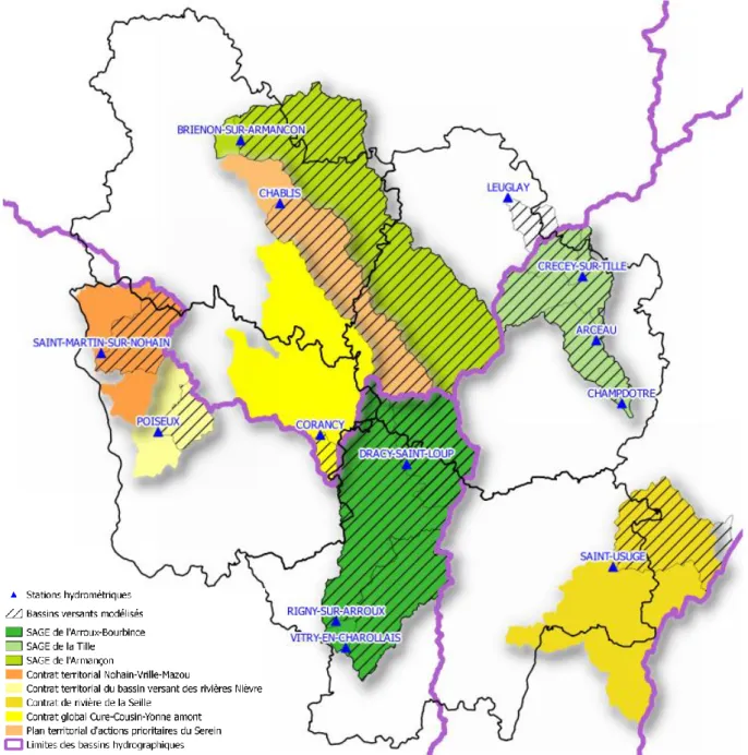 Figure 2 : Carte des bassins versants étudiés dans le cadre d'HYCCARE (Alterre, 2015) 