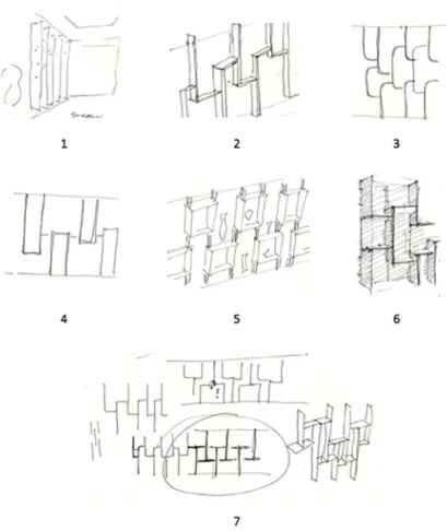 Figure 9. Extracts from sequence 2 for the bookcase (in order of achievement). The final solution is at the bottom right in sketch 7 and is a bookcase consisting of motifs in the form of a ‘T’ connected by two junction points