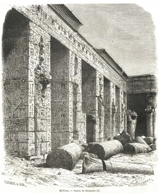 Figure 2.6  Médinet, Palais de Ramsès iii, Tour du Monde, 1863, p. 206 La gravure du palais de Ramsès iii a comme une profondeur