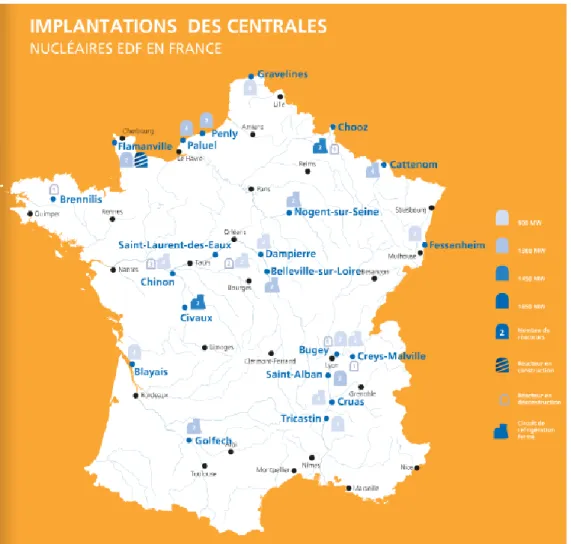 Figure 1 : Implantation des centrales nucléaires en France