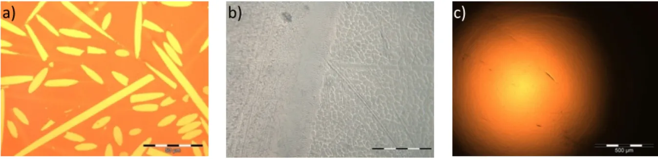Figure 2: Surfaces after polishing: a) PEKK+CF 30%, b) UHMWPE (right side of picture), c) 2 