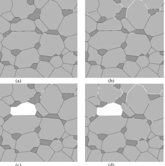 Fig. 7 Illustrations of crack distribution in model B with respect to applied contact stress: (a) a normal (shear) stress of  100 MPa (40 MPa), and (b) a normal (shear) stress of 500 MPa (200 MPa), (c) a normal (shear) stress of 100 MPa (40 