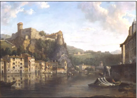Figure 3 : William Marlow, Château de Pierre-Scize, fin XVIII e siècle, huile sur toile, 56,5 x 76,8 cm, Lyon, musées Gadagne, inv