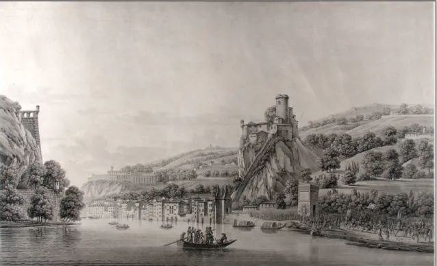 Figure 4 : Benedikt Piringer, Vue du fort de Pierre-Cise et de l’entrée solennelle d’Henri IV à Lyon en 1595, 1819, gravure, Lyon, musées Gadagne, inv