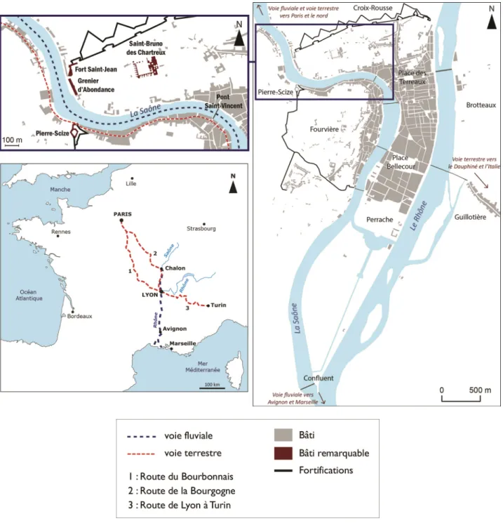 Figure 1 : Arriver à Lyon par le nord : situation et itinéraires.