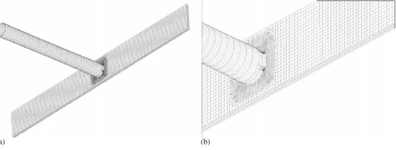 Figure 9. Mesh of the cracked tube welded to the plate: (a) mesh of the whole structure and (b) zoom of the cracked region.