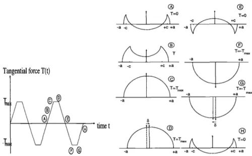 Figure 4  - Loadin g  cycle with ful l  slidin g  an d the correspon din g shear traction  distributions  {7 j 