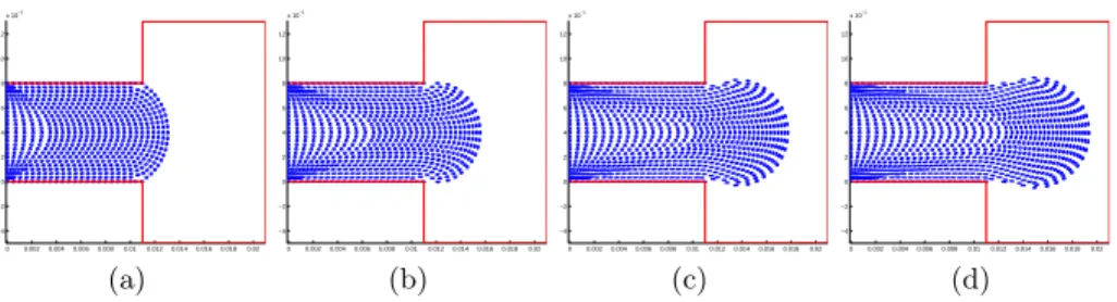 Fig. 2. Evolution of the orientation field in the simulation of an injection mould- mould-ing.