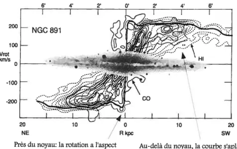 Fig. 3: Courbe de rotation H1 et CO de NGC 891. Source : Sofue et al. (1995).