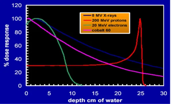 Figure 4.2 : Énergie perdue selon la distance parcourue dans un milieu (ici de l’eau), pour des rayons X, des protons, des électrons et des photons émis par du 60 Co [11]