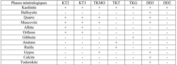 Tableau III.3. Tableau récapitulatif des phases minéralogiques décelées par diffraction X.