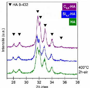 Figure 13 : Diffractogrammes des poudres de référence HA, Si 0,5 -HA et C 0,5 -HA calcinées à  400°C pendant 2 h (poudre brute)