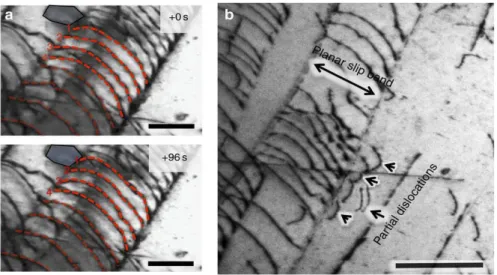 Figure 41. a) TEM images of the ½&lt;110&gt; dislocations; b) bright field images of blocking of partial dislocations [81]