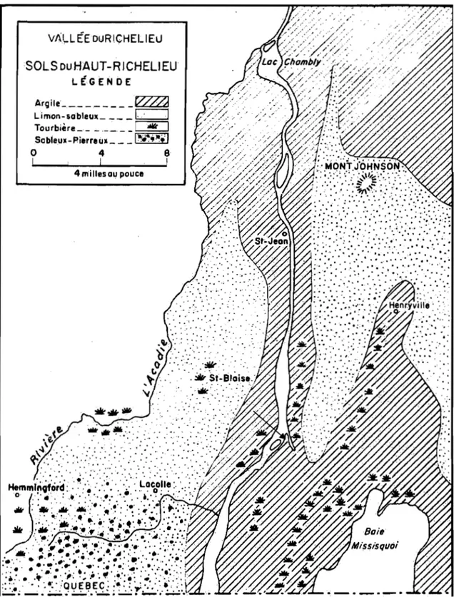 Figure  3:  Carte des sols du Haut-Richelieu  VJ\.LL ÉEDURICHEL 1  Eu  SOLSouHAUT-RICHELlEU  LÉGENDE  Argile ________ _  WA  Limon-sobleux ____  1.·1  Tourbière ______  -'.oIIt  1  Scble,ux-Pierreùx ___  ISJ~.&#34;t'  o  4  8  1  1  1  4 milles au pouce  .