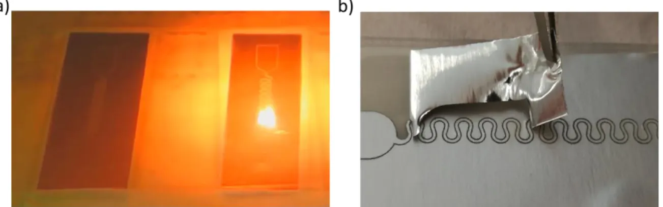 Figure 22: Patterning of the interconnections. a) Picture taken during laser patterning, b) illustration of  the peel-off process