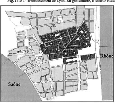 Fig. 1 : le 1 er  arrondissement de Lyon. En gris sombre, le secteur étudié. 